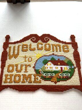 Homemade Needlepoint Plastic Canvas "Welcome to Our Home" Wall Hanging